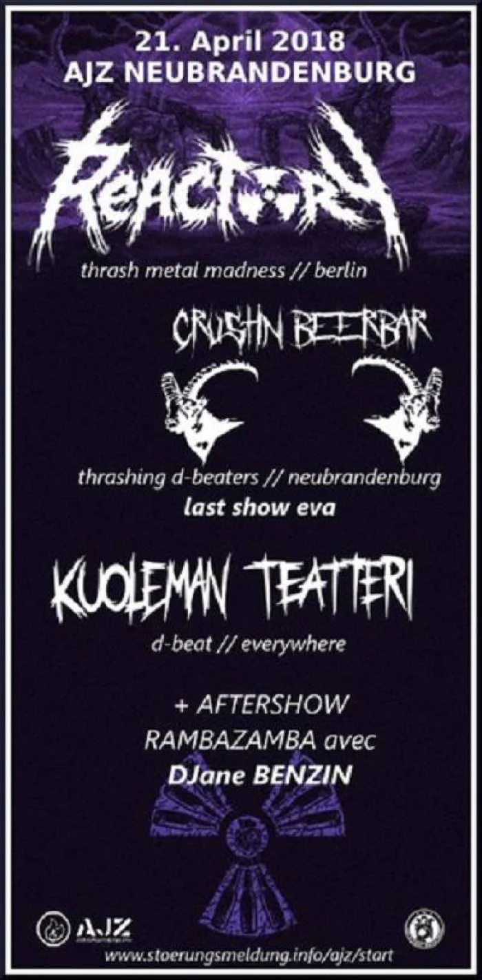 Flyer: REACTORY + CRUSTIN BEERBAR + KUOLEMAN TEATTERI