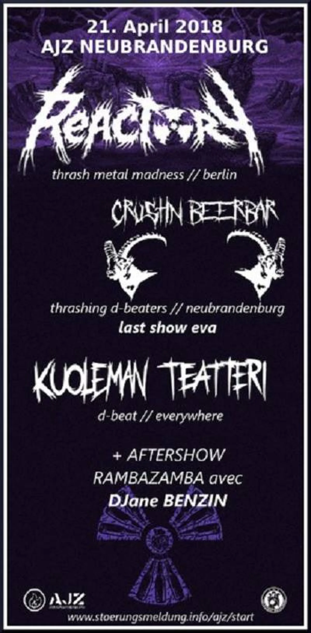 Flyer: REACTORY + CRUSTIN BEERBAR + KUOLEMAN TEATTERI